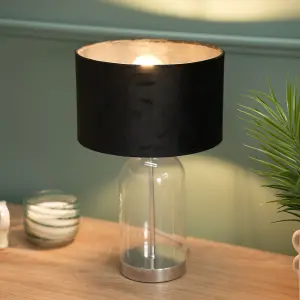 ValueLights Jessy Glass and Silver Chrome Metal Bedside Table Lamp with a Black Velvet Lampshade