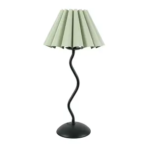 ValueLights Wiggle Black Metal Single Stem Table Lamp with Sage Green Scallop Tapered Lamp Shade and LED Bulb