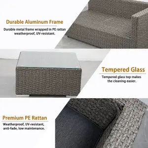 Rattan Garden Corner Sofa Set, 3 Piece Corner Garden Lounge Set with 10CM Cushion, Tempered Glass Table - Fully Assembled - Gray