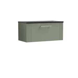 Retro 1 Drawer Wall Hung Vanity Unit with Sparkling Black Laminate Worktop -  800mm - Satin Green - Balterley