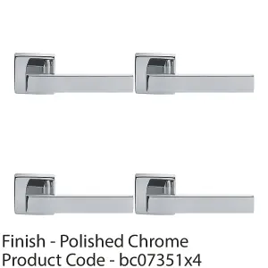 4 PACK - Contemporary Flat Door Handle Set - Polished Chrome Sleek Lever on Square Rose