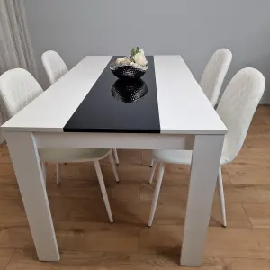 Wooden White Black Dining Table  with 4 White Stitched Leather Chairs Set