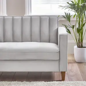 Furniturebox UK Velvet Sofa - 'Kit' 3 Seater Upholstered Beige Fabric Sofa - Vertical Stitching - Modern Living Room Furniture