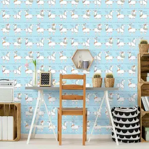 Belgravia Llama Rama Cartoon Sky Blue Childrens Bedroom Nursery Wallpaper 9730