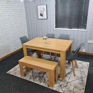 Dining Table and 4 Chairs With Bench Oak Effect Wood 4 Grey Plastic Leather Chairs Dining Room