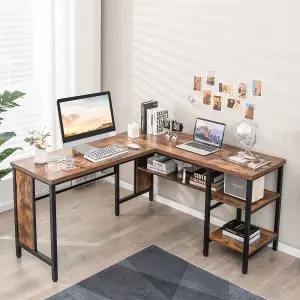 Costway L-Shaped Corner Computer Desk 150cm Large Corner Desk Workstation w/ 2-Tier Shelves