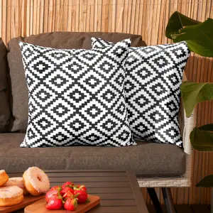 Brentfords 2 x Geometric Cushion Cover Filled Water Resistant, 45 x 45cm - Black