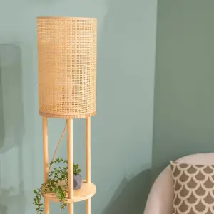 ValueLights Elsa Natural Wooden 3 Tier Floor Lamp with Bamboo Shade and Storage Shelves - Bulb Included