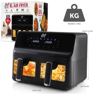 Netta 8l Dual Basket Low Energy Air Fryer With Digital Smart Programmes - 2 Large Drawers, 8 Pre-set Functions, 60 Minute Timer, Xl Family Size Drawer - Black