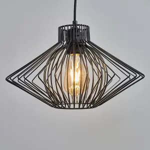 ValueLights Retro Matt Black Ceiling Pendant Light Fitting With Black Geometric Wire Shade