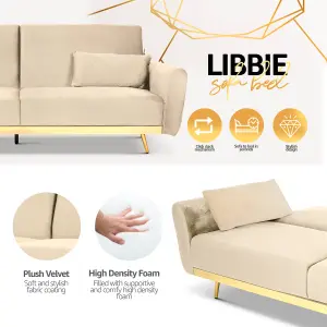 Libbie 3 Seater Click Clack Cream Velvet Sofa Bed with Gold Detail