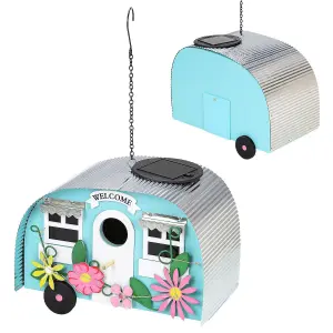 Tree Hanging Caravan Bird House - Colorful Metal Nesting Box with 10 LED Solar String Lights for Outdoor Garden Décor