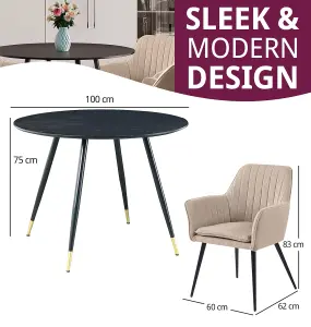 Hallowood Furniture Finley Small Round Dining Table in Black Finish with 4 Light Brown Fabric Armed Chairs