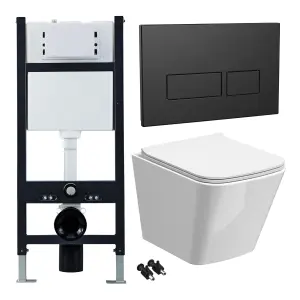 Bubly Bathrooms™ White Rimless Square Wall Hung Toilet Pan, Seat & 1.13m Concealed Cistern Frame - Black