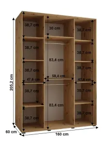 Stylish Oak Artisan Sapporo Sliding Door Wardrobe 160cm with Ample Storage (H2050mm W1600mm D600mm)