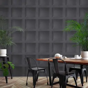 Black Wooden Panel 3D Effect Realistic Square Panelling Flat Finish Wallpaper