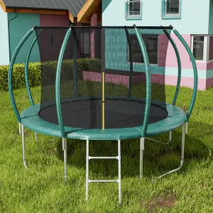 14ft Outdoor Round Trampoline with Safety Net Enclosure and Ladder, Dark Green