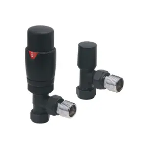 Black Angled TRV Thermostatic Radiator Valve and Manual Angled Valve 15mm x 1/2