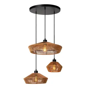 Lucide Yunkai Cottage Cluster Pendant Light 60cm - 3xE27 - Light Wood