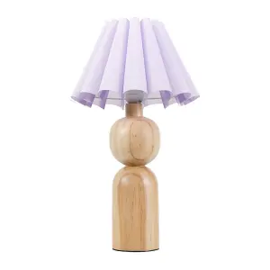 ValueLights Azalea Rustic Wooden Table Lamp with Lilac Fabric Scallop Tapered Shade and LED Bulb