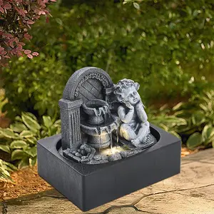 Grey Resin Tabletop Cherub  Electric Fountain Water Feature with LED Light