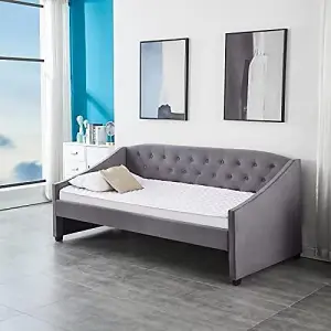 Daybed with Trundle grey 3ft single velvet tufted wooden day bed bedroom