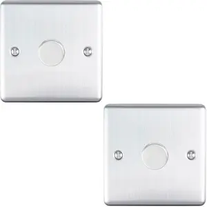 2 PACK 1 Gang 400W 2 Way Rotary Dimmer Switch SATIN STEEL Light Dimming Plate