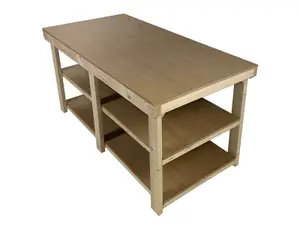 Workbench MDF top, large heavy-duty table (H-90cm, D-90cm, L-210cm) with double shelf