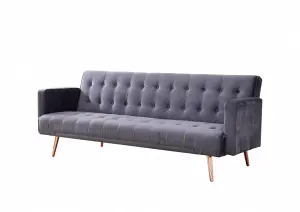 Windsor Luxury Fabric Sofa Bed Grey Velvet with Metal Rose Gold Legs Clic Clac Sofabed Tufted Button Backrest Seat Track Armrests