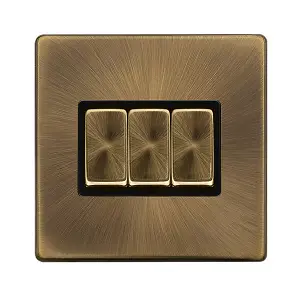 Antique Brass Screwless Plate 10A 3 Gang 2 Way Ingot Light Switch - Black Trim - SE Home