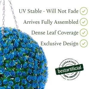 Best Artificial  28cm Blue Rose Hanging Basket Flower Topiary Ball - Suitable for Outdoor Use - Weather & Fade Resistant