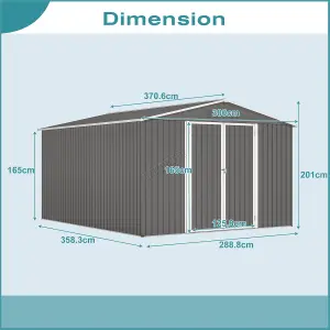 Birchtree 10X12FT Metal Garden Shed Apex Roof With Free Foundation Base Storage House Grey