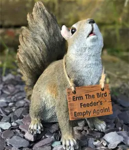 Cheeky Squirrel with removable 'Bird Feeder's Empty' sign garden ornament