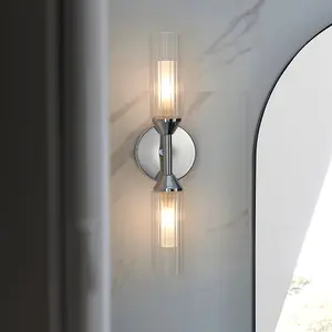 Chrome Plated Twin Bathroom Wall Light - Ribbed Glass Shade & Frosted Diffuser