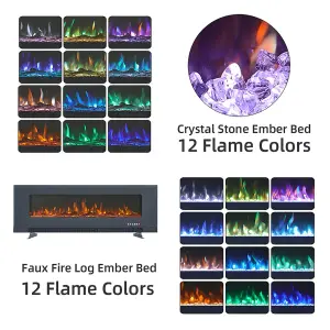 Grey Electric Fire Fireplace Wall Mounted or Inset 12 Flame Colors Remote Control with Freestanding Legs 50 Inch