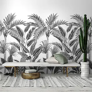 Grandeco Paysage Black & White Graphic Jungle Palm 3 Lane Repeatable Wallpaper Mural 159 x 280cm