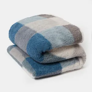 Gingham Teddy Fleece Throw Over Bed Blanket Check Warm, Navy - 150 x 200cm