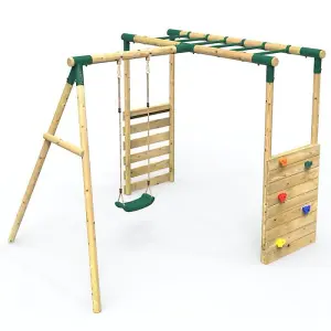 Rebo Wooden Garden Children's Swing Set with Extra-Long Monkey Bars - Single Swing - Solar Green