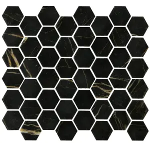 Top Ceramics Black Marble Effect Hexagon Mosaic Tile Matt (L)330 x (W)298mm