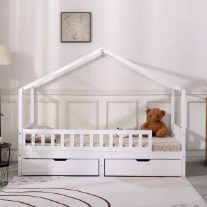 FurnitureHMD Modern Childrens Bed Solid Pine Wood Bed Frame House Bed with 2 Large Storage Drawers,White