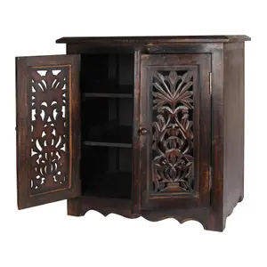 Natural Hand Made Indian Mango Wood Shoe Cupboard Storage Unit Cabinet Dark Brown 59 x 36.5 x 61 cm