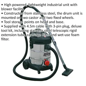 1400W Industrial Wet & Dry Vacuum Cleaner - 30L Stainless Steel Drum - 230V