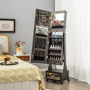 Costway Lockable Jewelry Armoire w/ Full-Length Mirror Mobile Jewelry Cabinet w/ 3-Color Light & Drawer Adjustable Angles