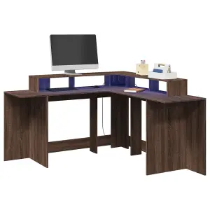 Berkfield Desk with LED Lights Brown Oak 152x152x91 cm Engineered Wood