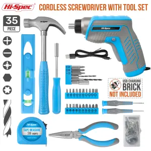 Hi-Spec 35pc Blue 3.6V USB Power Cordless Screwdriver & Home Repair Hand Tool Kit Set. Electric Screwdriving in Tool Box