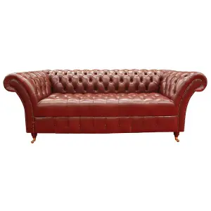 Chesterfield 3 Seater Old English Chestnut Leather Buttoned Seat Sofa In Balmoral Style