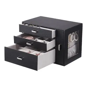 Sleek Black Faux Leather Jewellery Box with Transparent Display Window and Necklace Drawer