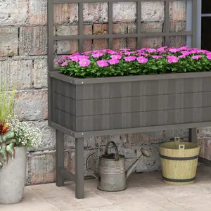 Outsunny Wood Raised Planter w/ Trellis Drain Holes Elevated Garden Bed Grey