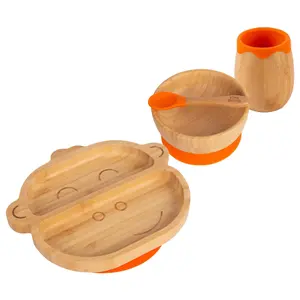 Tiny Dining - Monkey Bamboo Suction Baby Feeding Set - Orange - 4pc