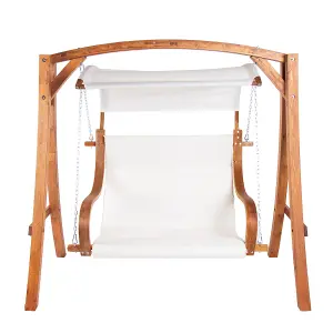 2-3 Seater Larch Wooden Garden Outdoor Swing Seat Hammock Cream Canopy 1.9M